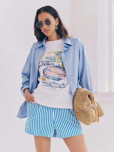 Blue/Navy Textured Striped Summer Beach Shorts