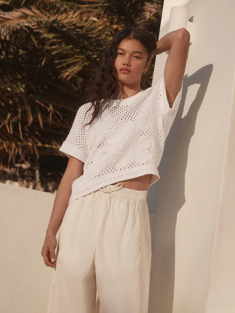 White 100% Cotton Floral Crochet Short Sleeve Top