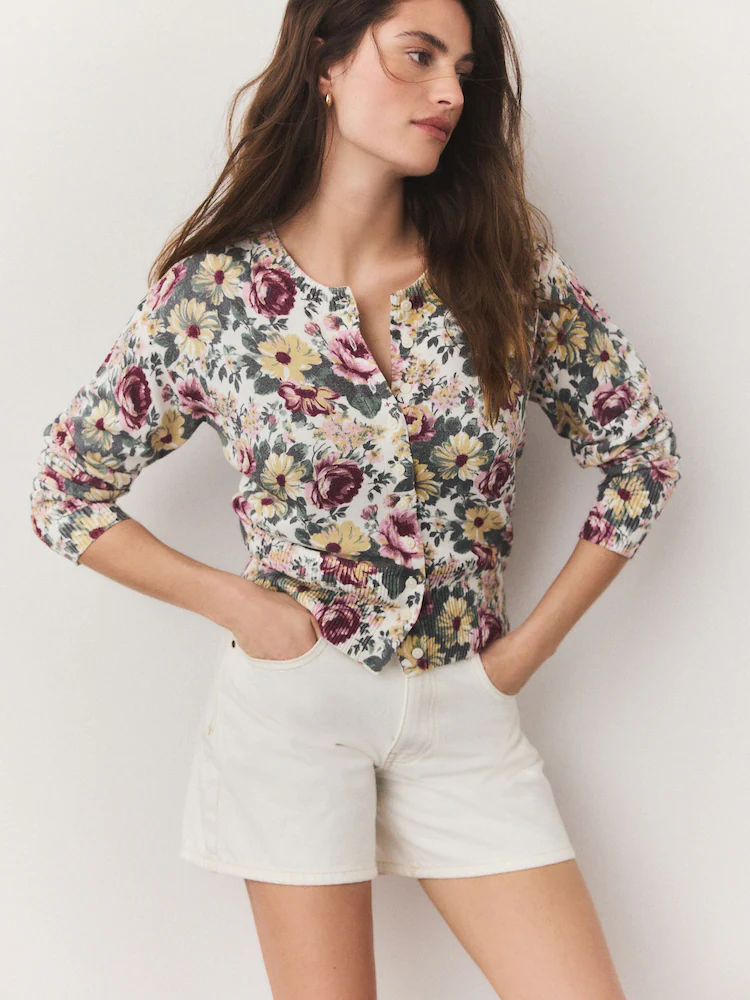 Floral Print Crew Neck Soft Knit Button Co-Ord Cardigan