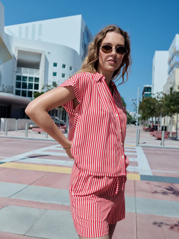 Red/White Stripe Short Sleeve Shirt with Linen