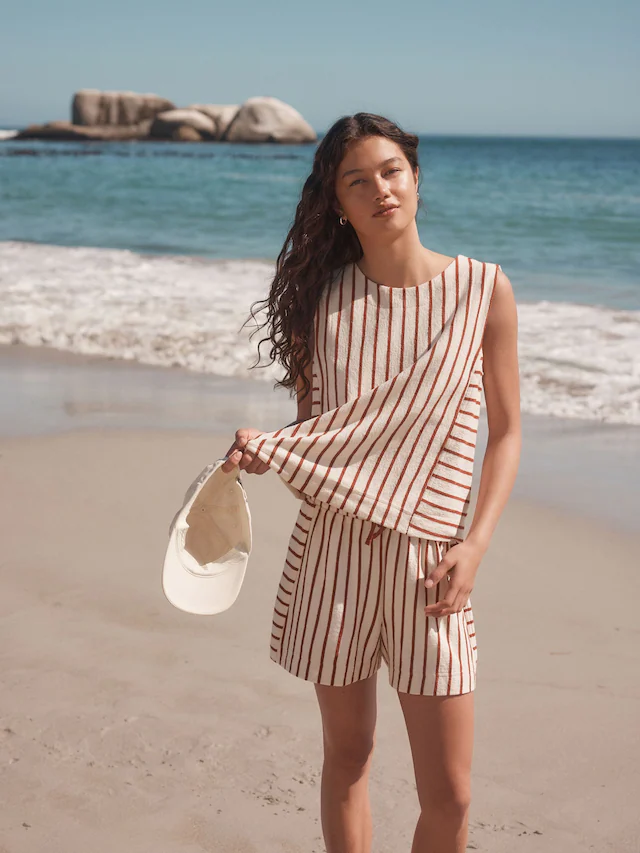 Red/Ecru Towelling Striped 100% Cotton