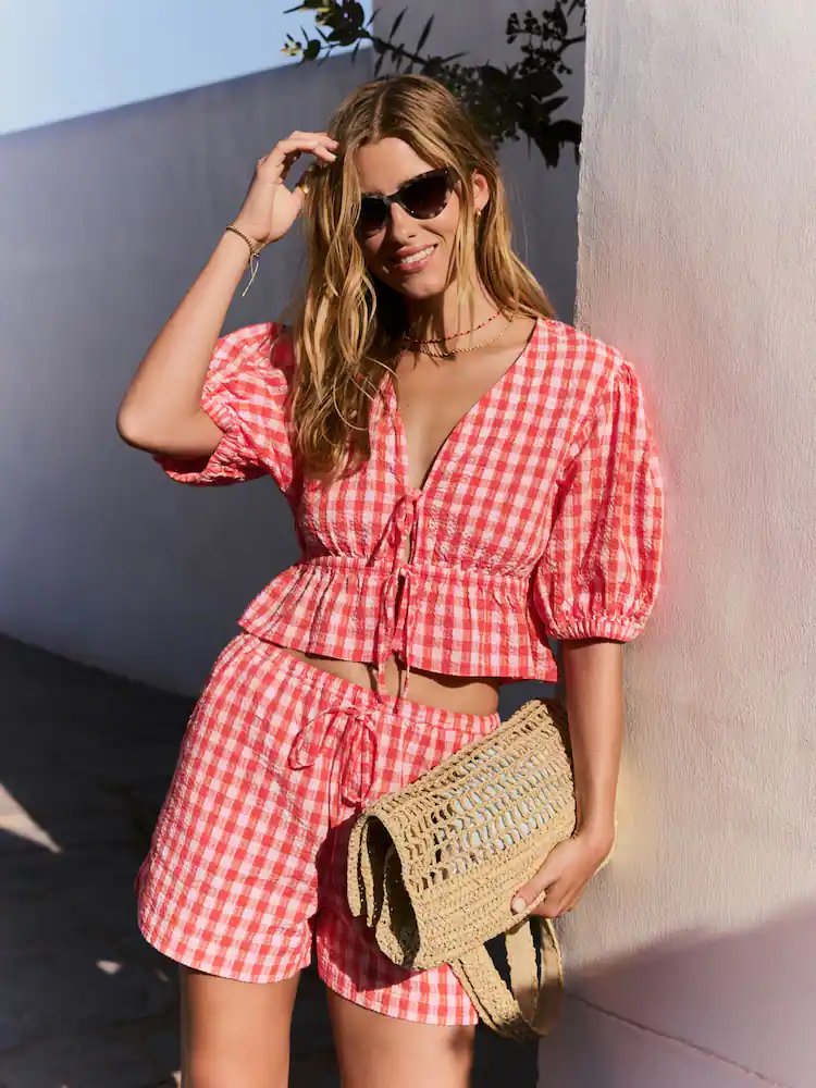 Red/Pink 100% Cotton Textured Puff Sleeve Tie Front Gingham