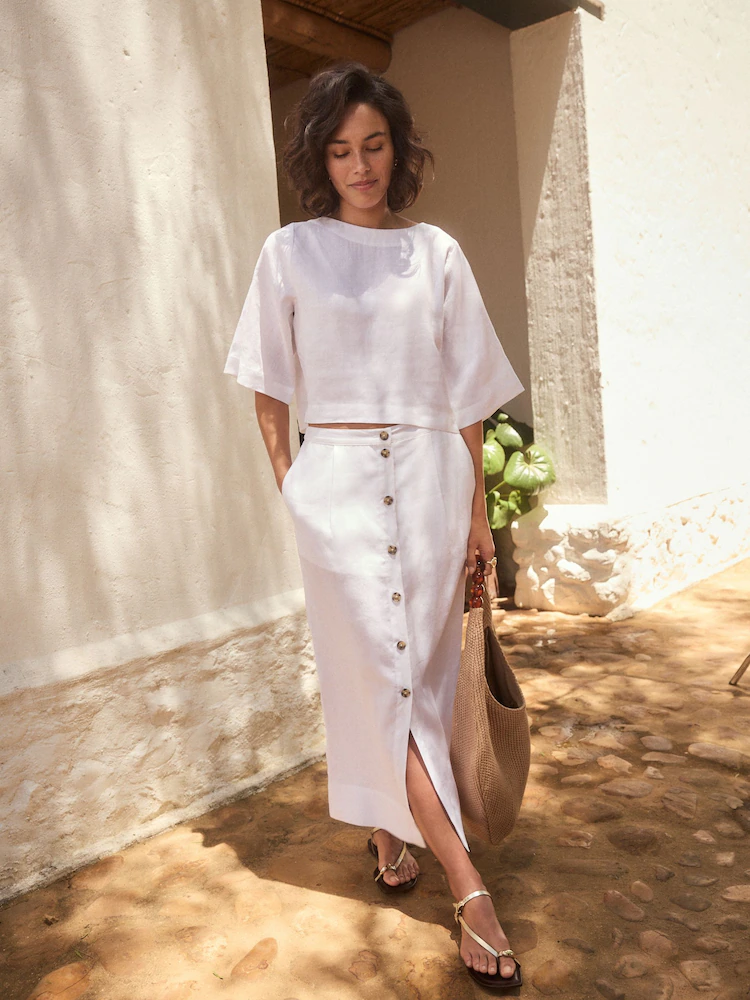 White Premium 100% Linen Button Down Pencil