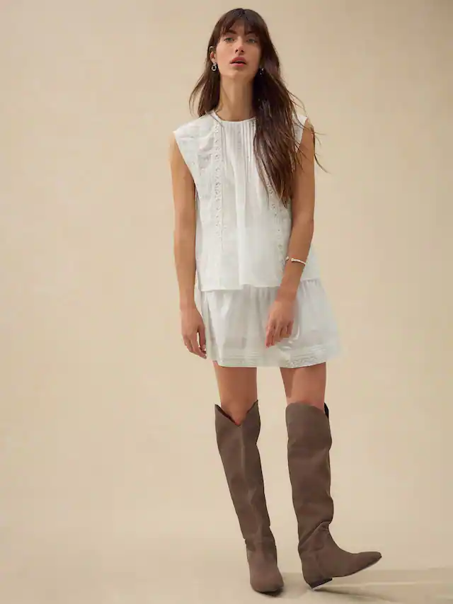 White Sleeveless Pintuck Blouse With Mesh Embroidery £32