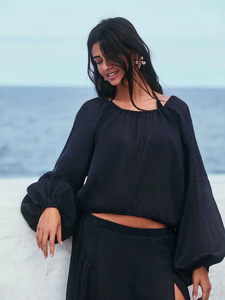 Blue 100% Linen Long Sleeve Boho