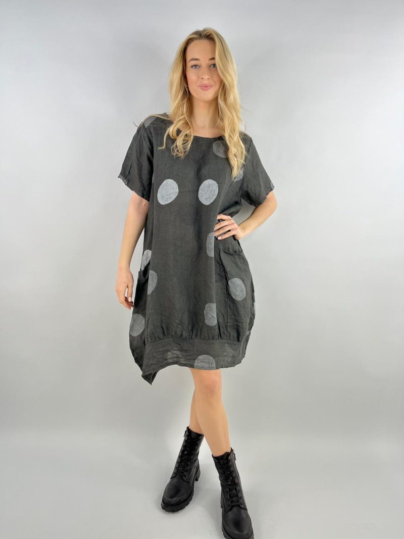 Charcoal Grey Polka Dot Linen Bubble Dress – Made in Italy