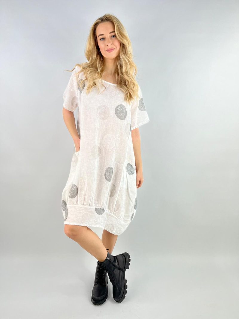 White Polka Dot Linen Bubble Dress – Made in Italy