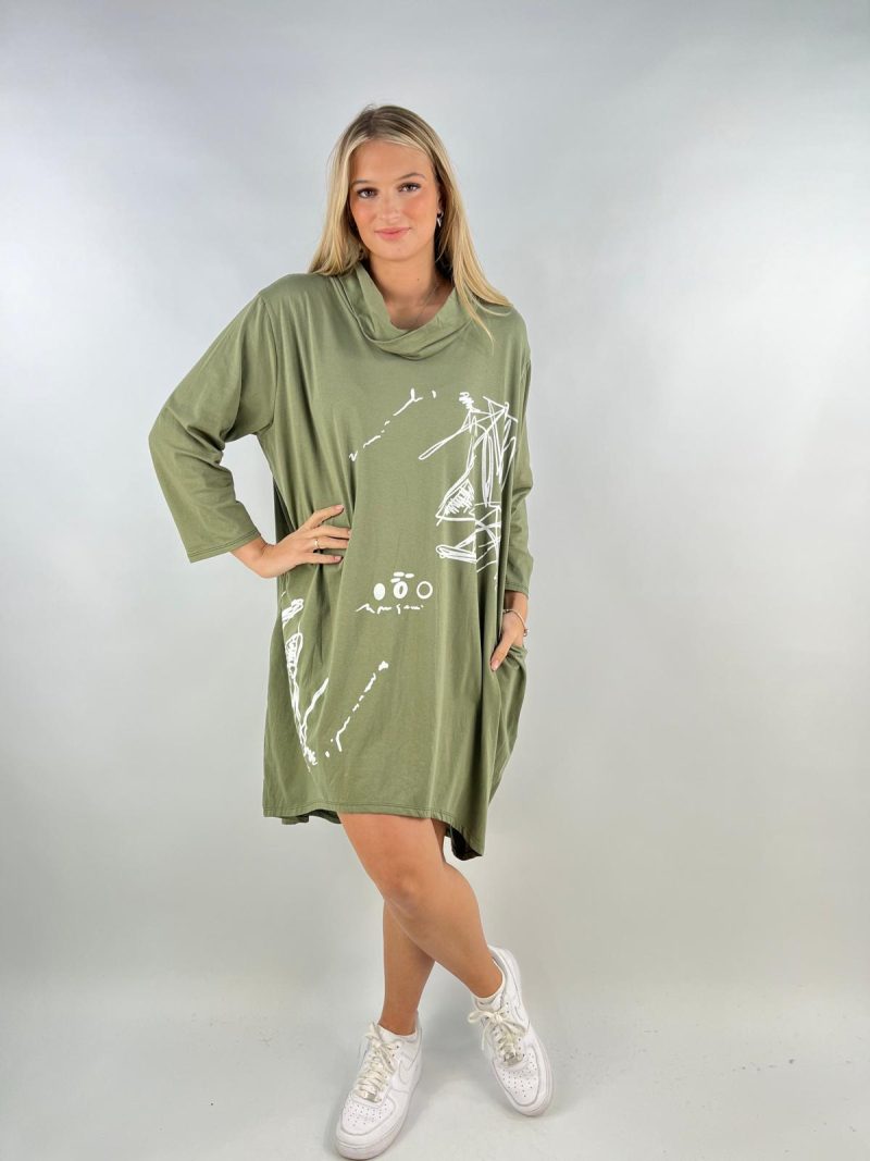 Olive Green Abstract Print Cowl Neck Tunic Dress – Made in Italy