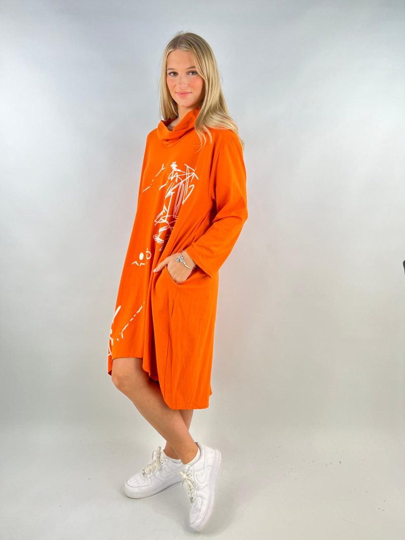 Bold Orange Abstract Print Cowl Neck Tunic Dress – Made in Italy