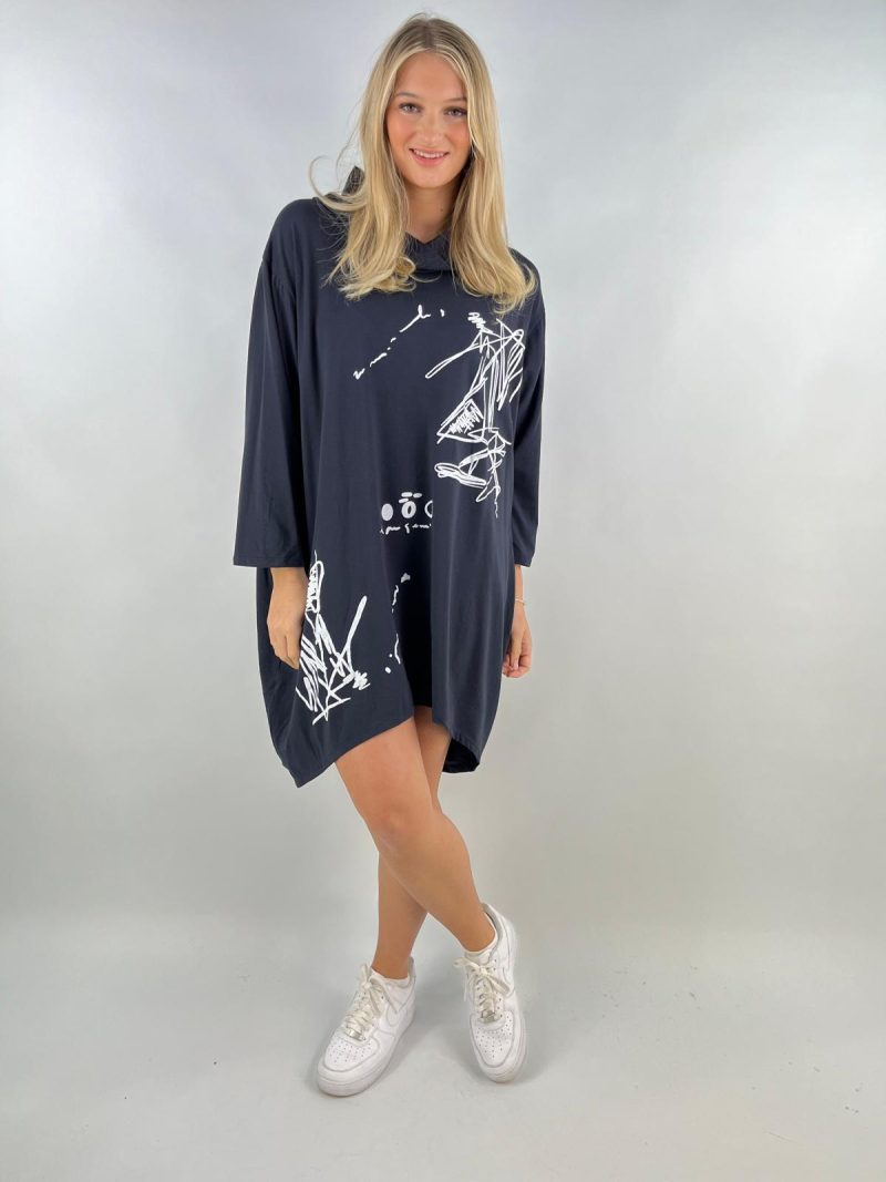 Navy Blue Abstract Print Cowl Neck Tunic Dress – Made in Italy