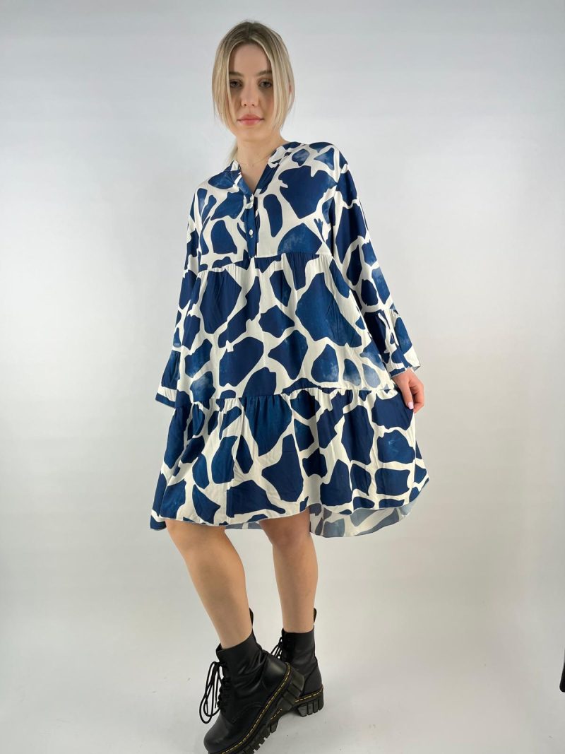 Dark Blue & White Abstract Print Tiered Tunic Dress – Made in Italy
