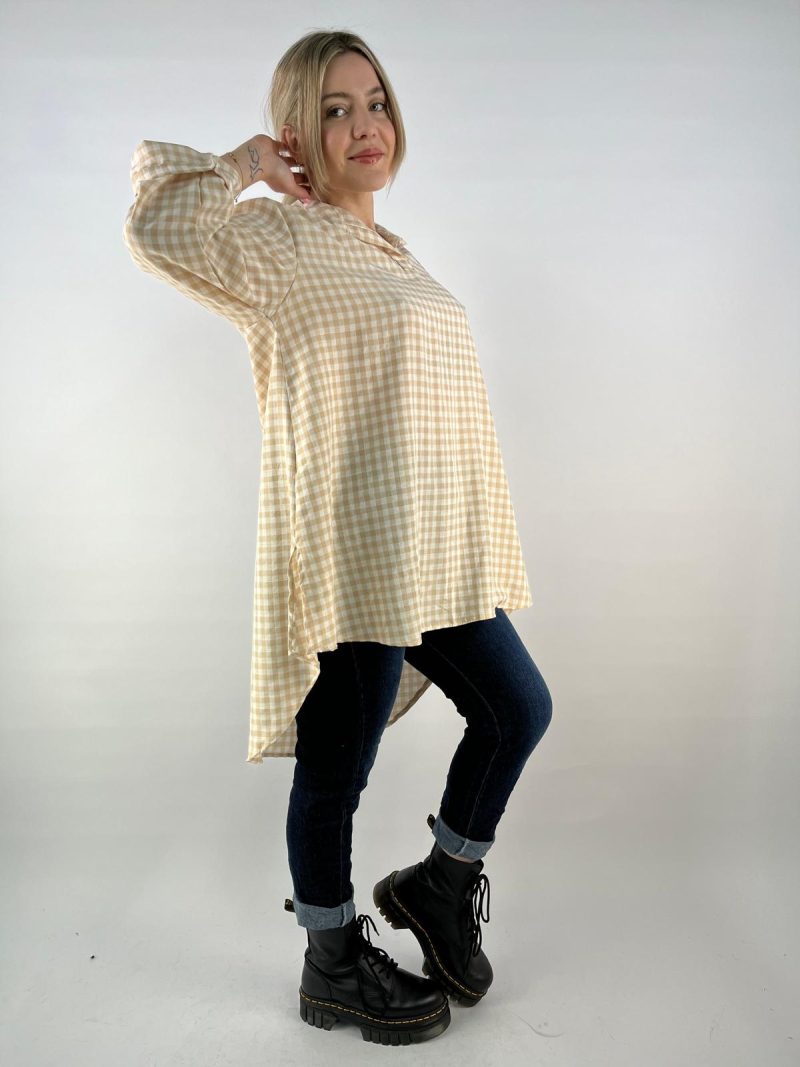 Tan Gingham High-Low Tunic Top – Made in Italy