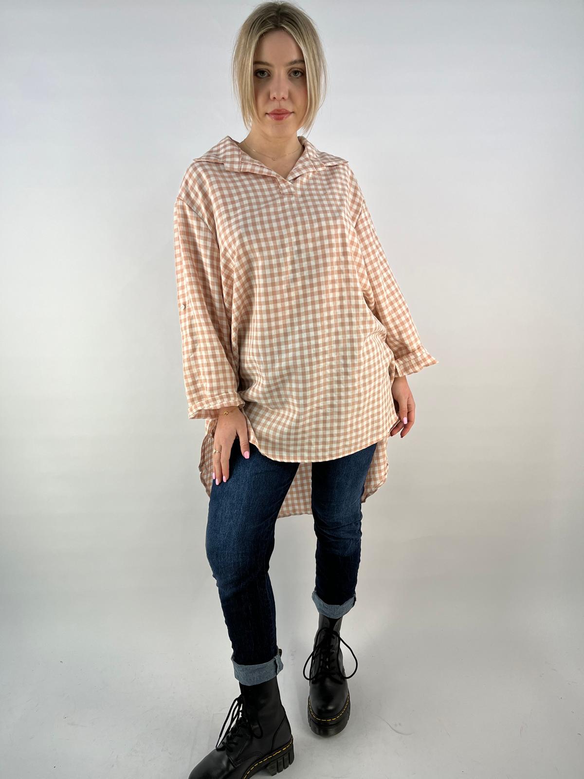 Tan Gingham Collared Tunic Top – Made in Italy