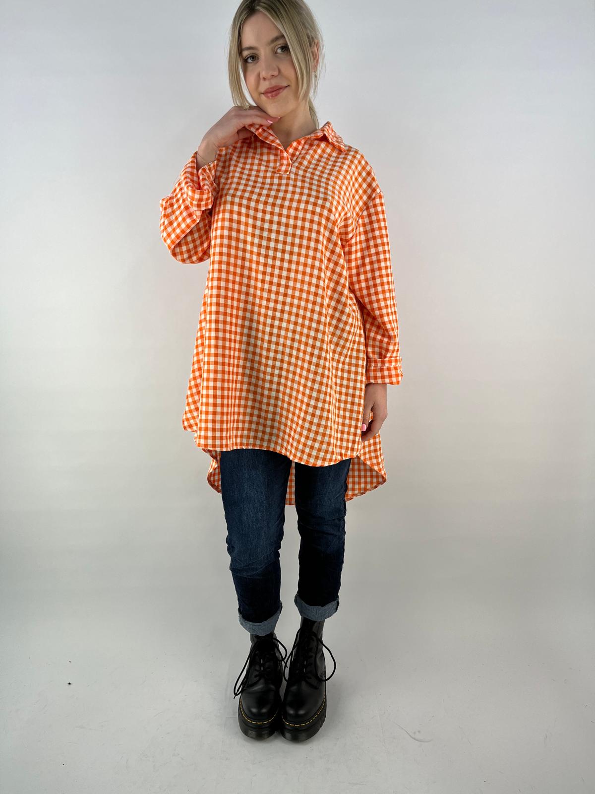 Orange Gingham Collared Tunic Top – Made in Italy