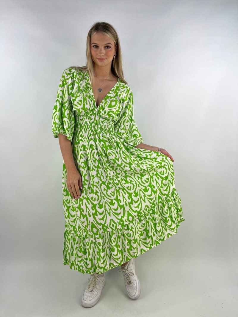 Lime Green & White Patterned Maxi Dress – Made in Italy