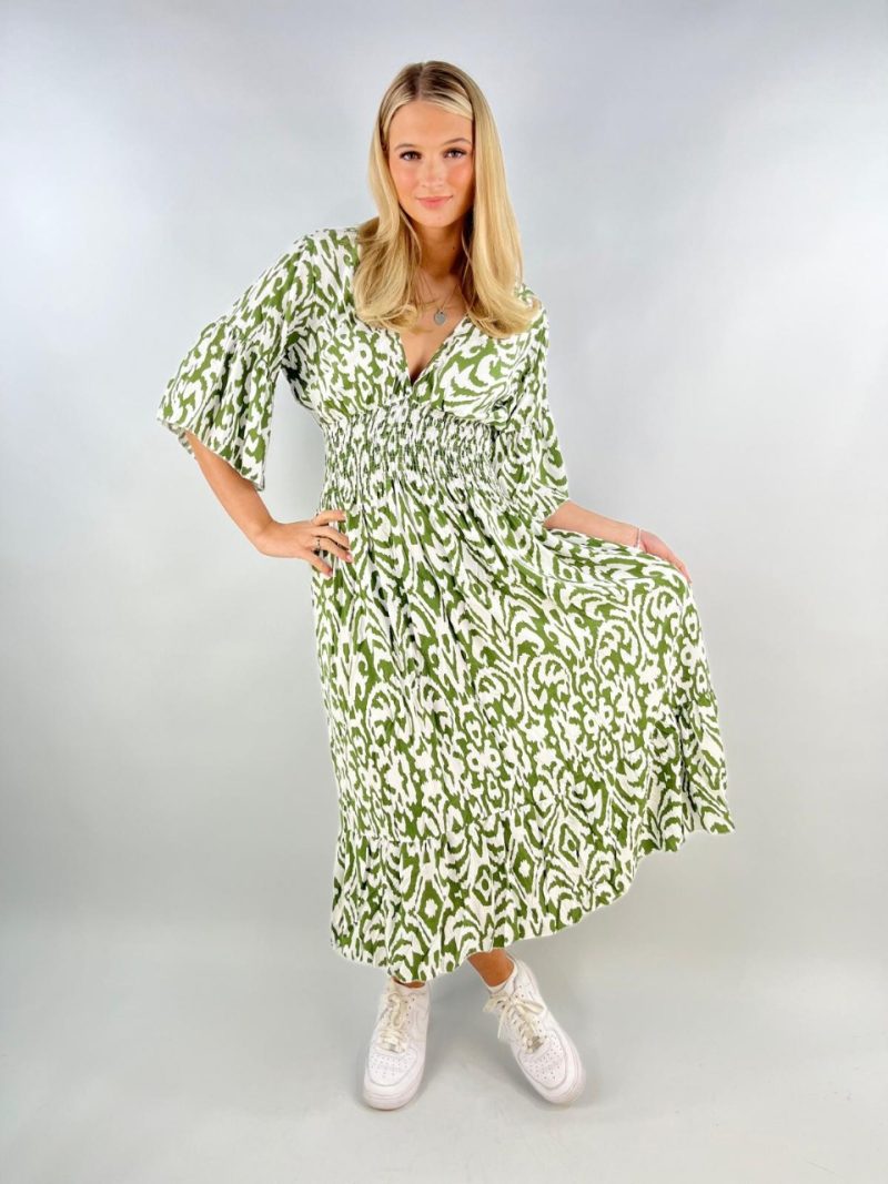Olive Green & White Patterned Maxi Dress – Made in Italy